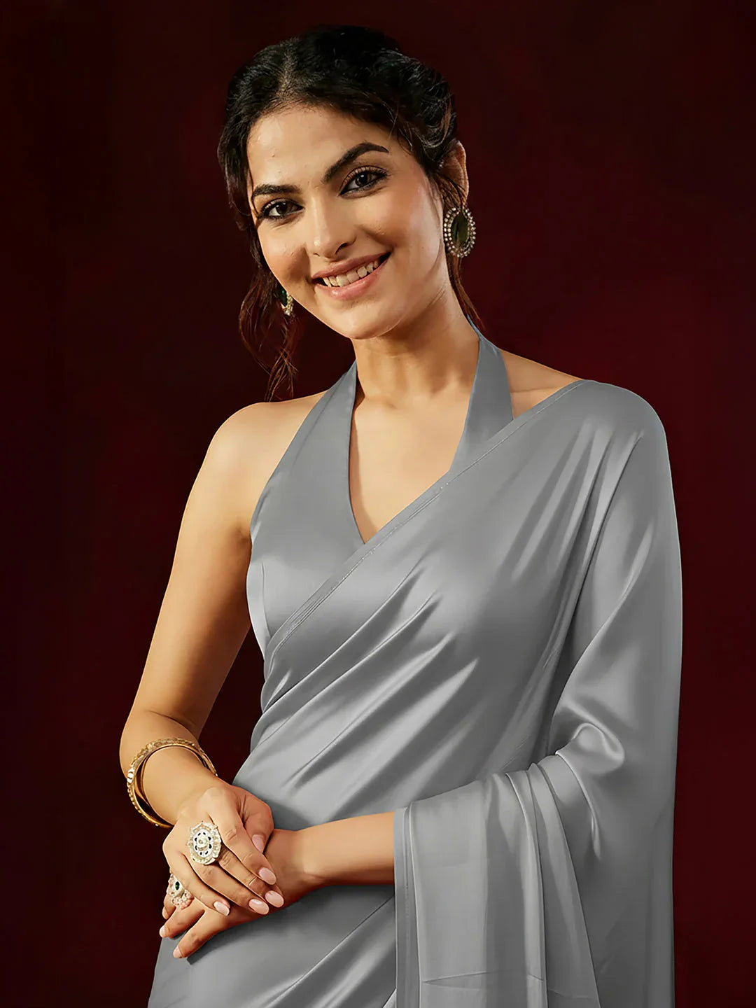 Janasya Women's Grey Satin One-Minute Ready-to-Wear Embellished Saree with Unstitched Blouse