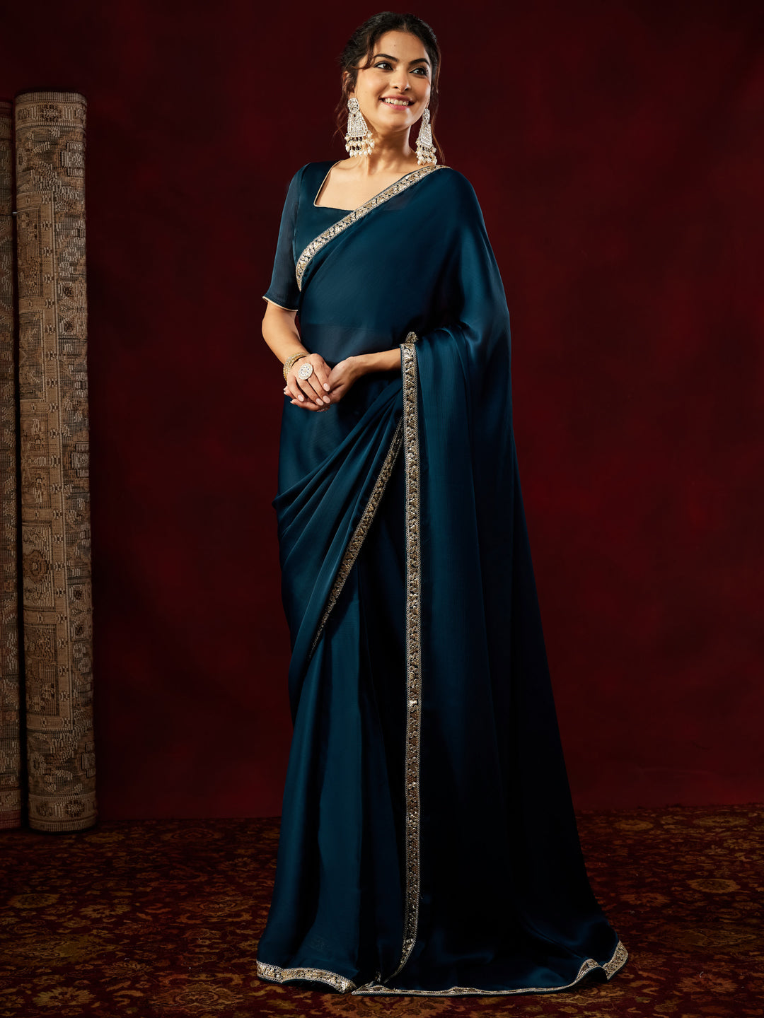 Janasya Women's Peach Tissue Silk One-Minute Ready-to-Wear Embellished Saree with Unstitched Blouse