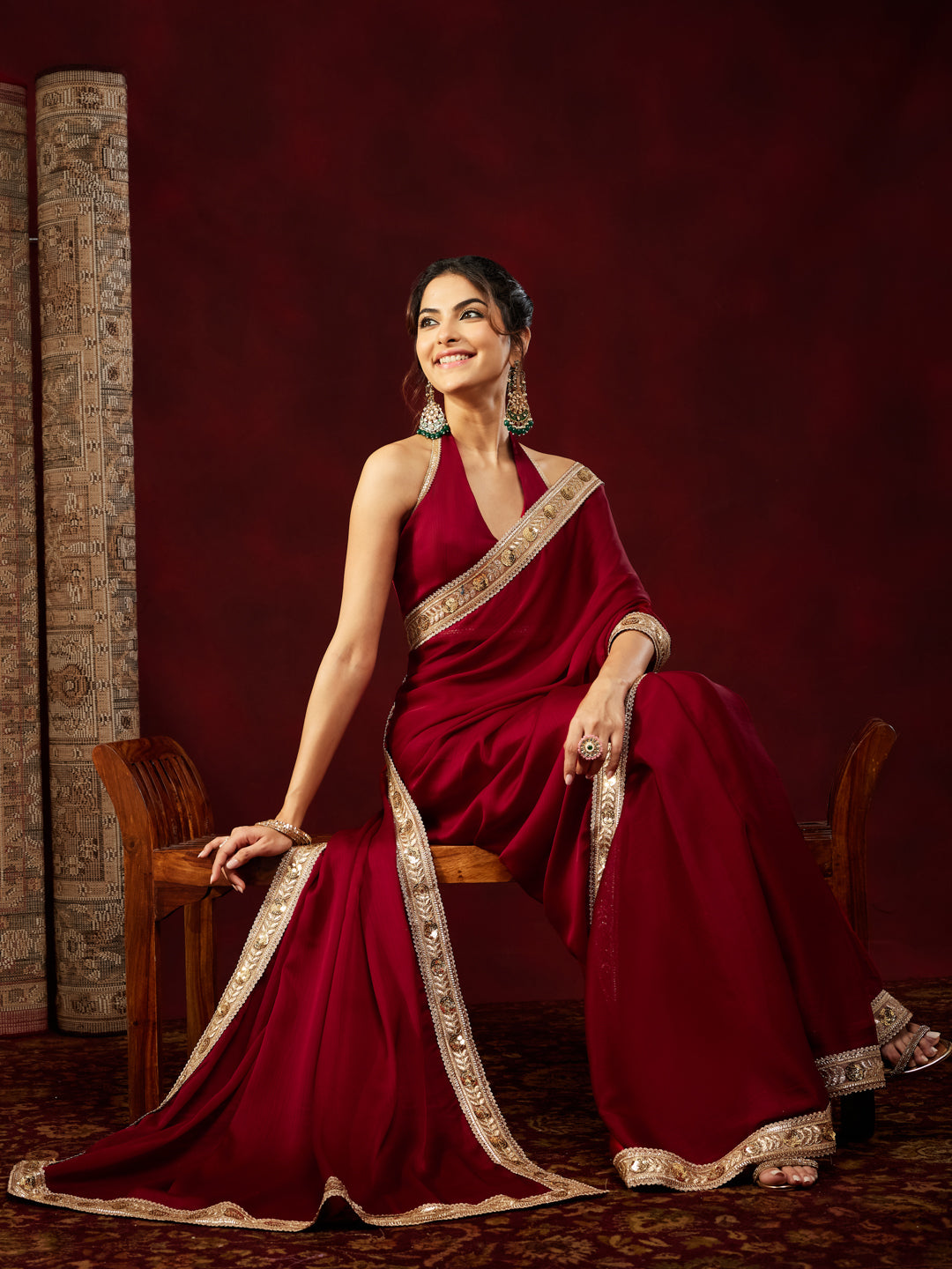 Janasya Women's Maroon Silk Blend One-Minute Ready-to-Wear Embellished Saree with Unstitched Blouse