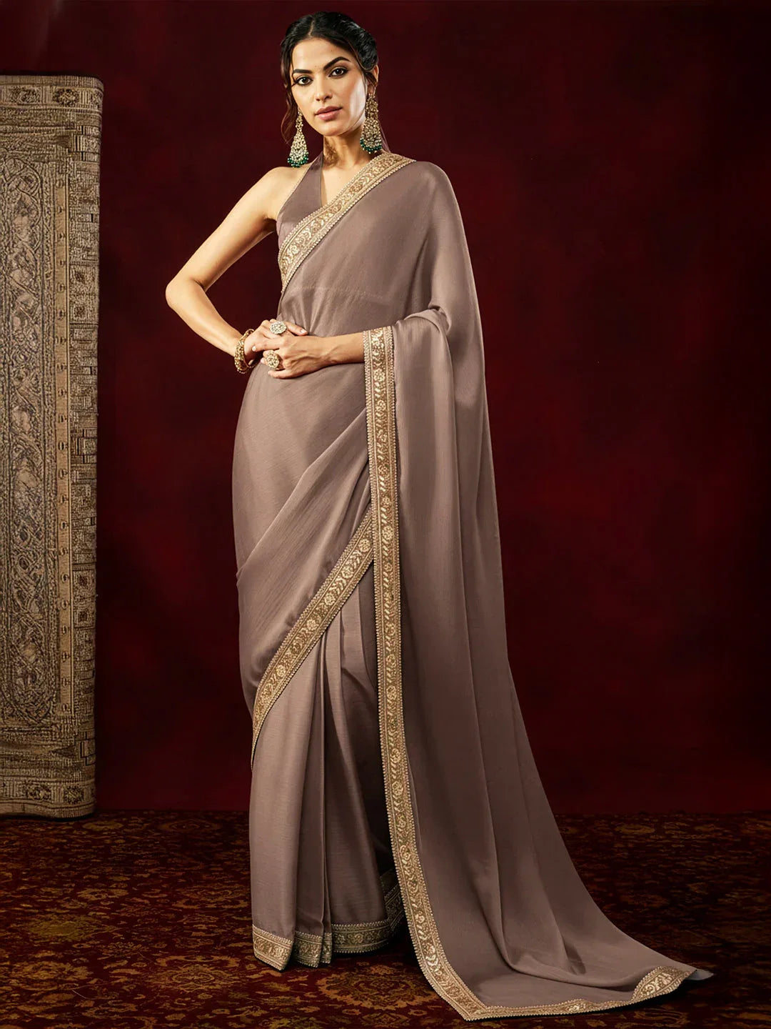 Janasya Women's Light Brown Silk Blend One-Minute Ready-to-Wear Embellished Saree with Unstitched Blouse