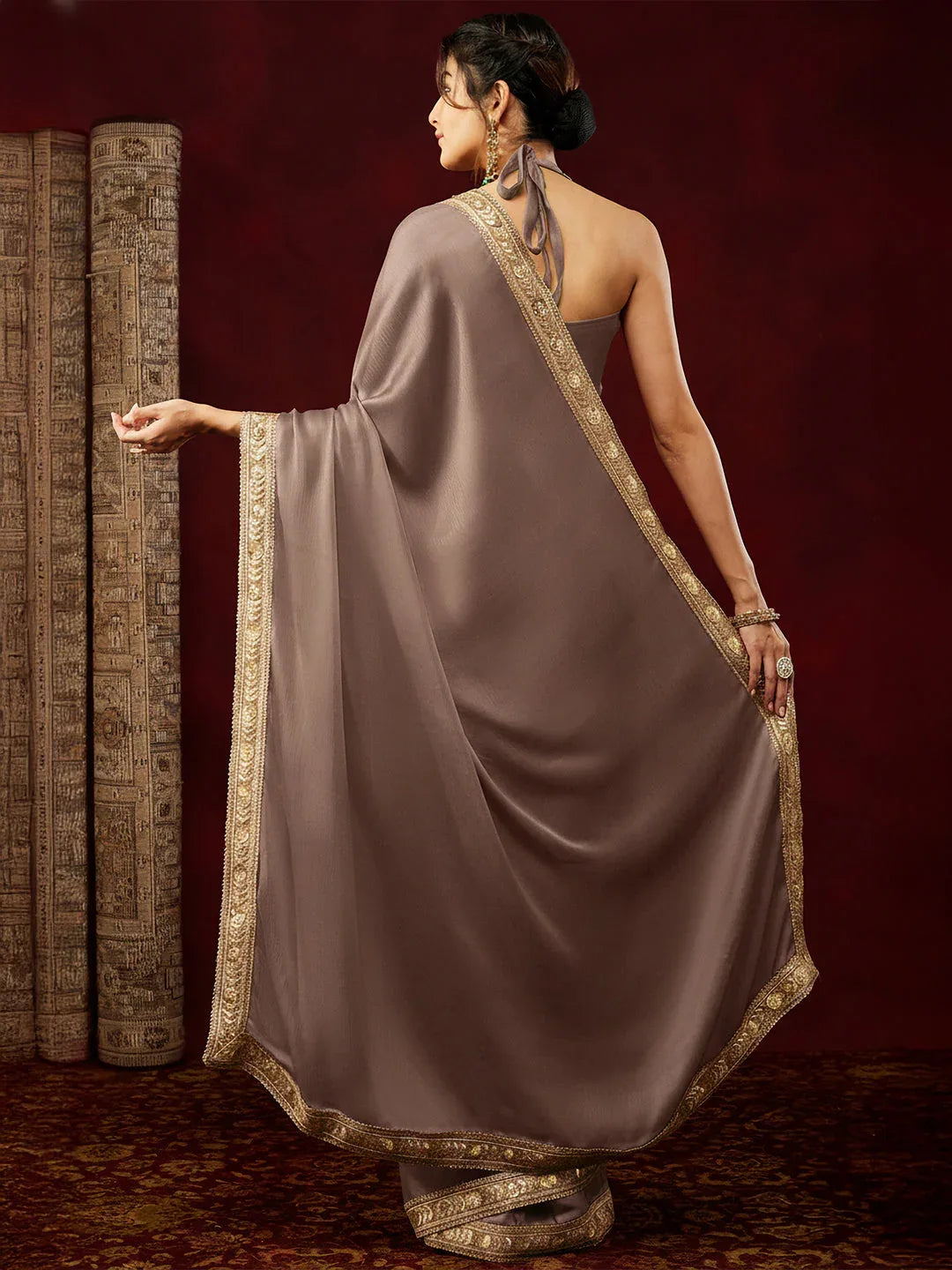 Janasya Women's Light Brown Silk Blend One-Minute Ready-to-Wear Embellished Saree with Unstitched Blouse