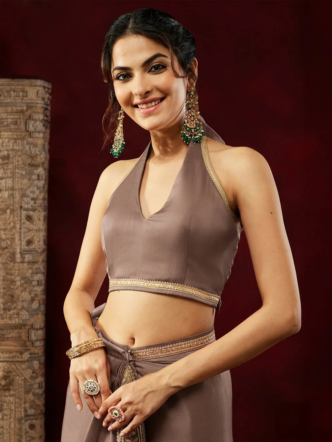 Janasya Women's Light Brown Silk Blend One-Minute Ready-to-Wear Embellished Saree with Unstitched Blouse