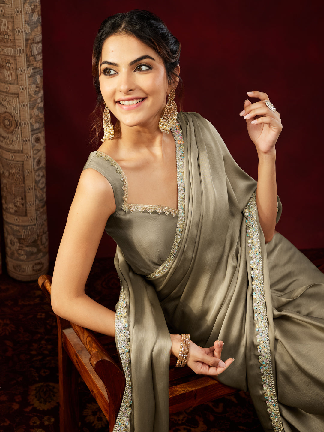 Janasya Women's Peach Tissue Silk One-Minute Ready-to-Wear Embellished Saree with Unstitched Blouse