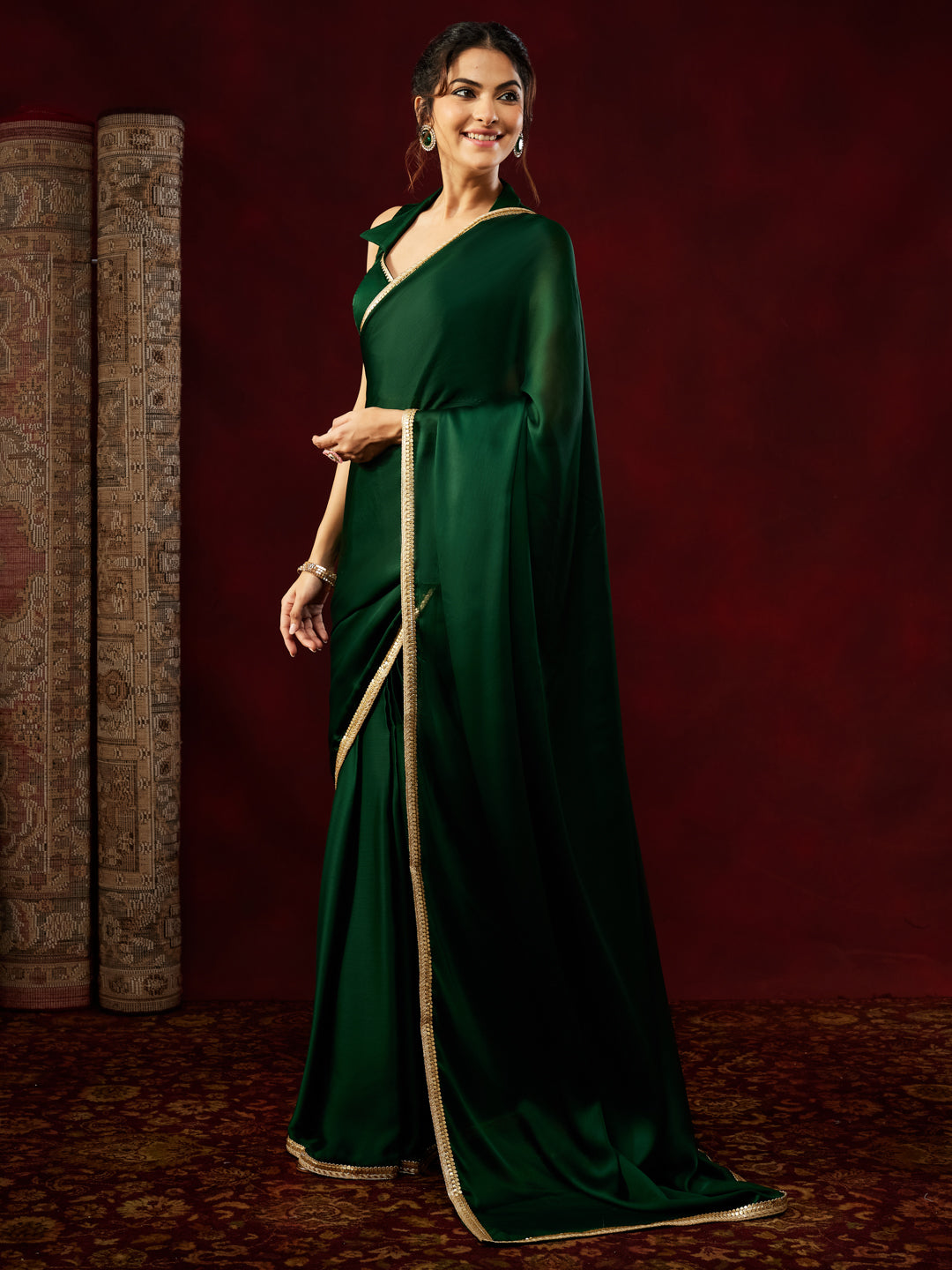 Janasya Women's Dark Green Silk Blend One-Minute Ready-to-Wear Embellished Saree with Unstitched Blouse