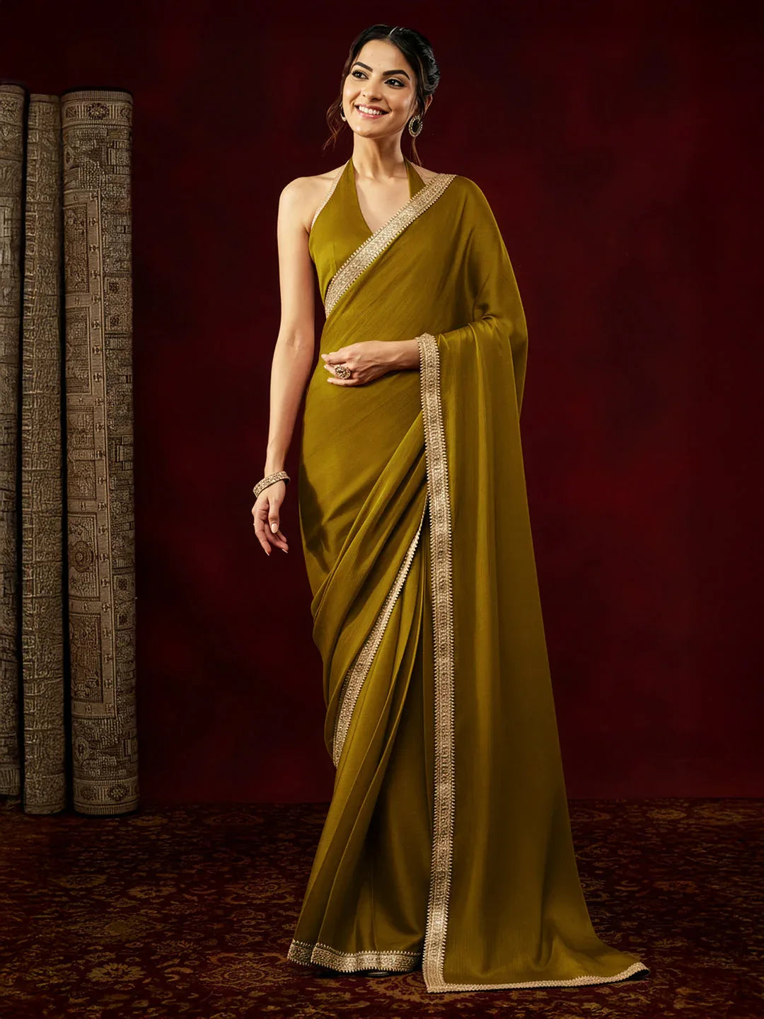 Janasya Women's Mustard Silk Blend One-Minute Ready-to-Wear Embellished Saree with Unstitched Blouse