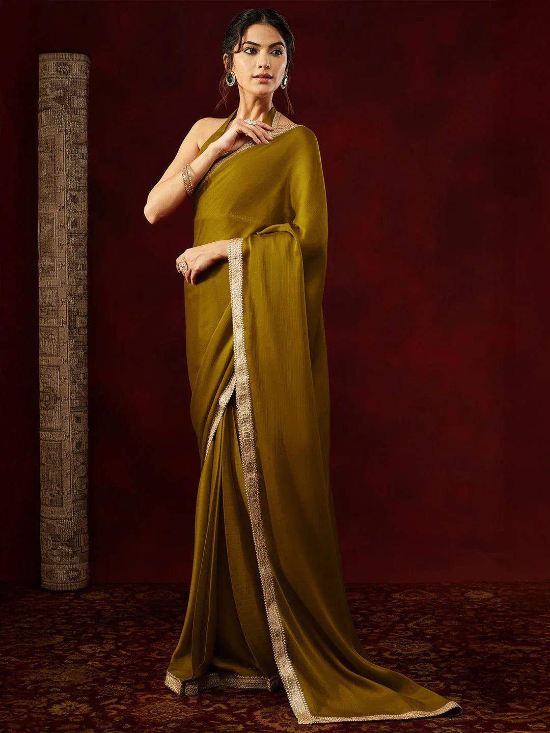 Janasya Women's Mustard Silk Blend One-Minute Ready-to-Wear Embellished Saree with Unstitched Blouse