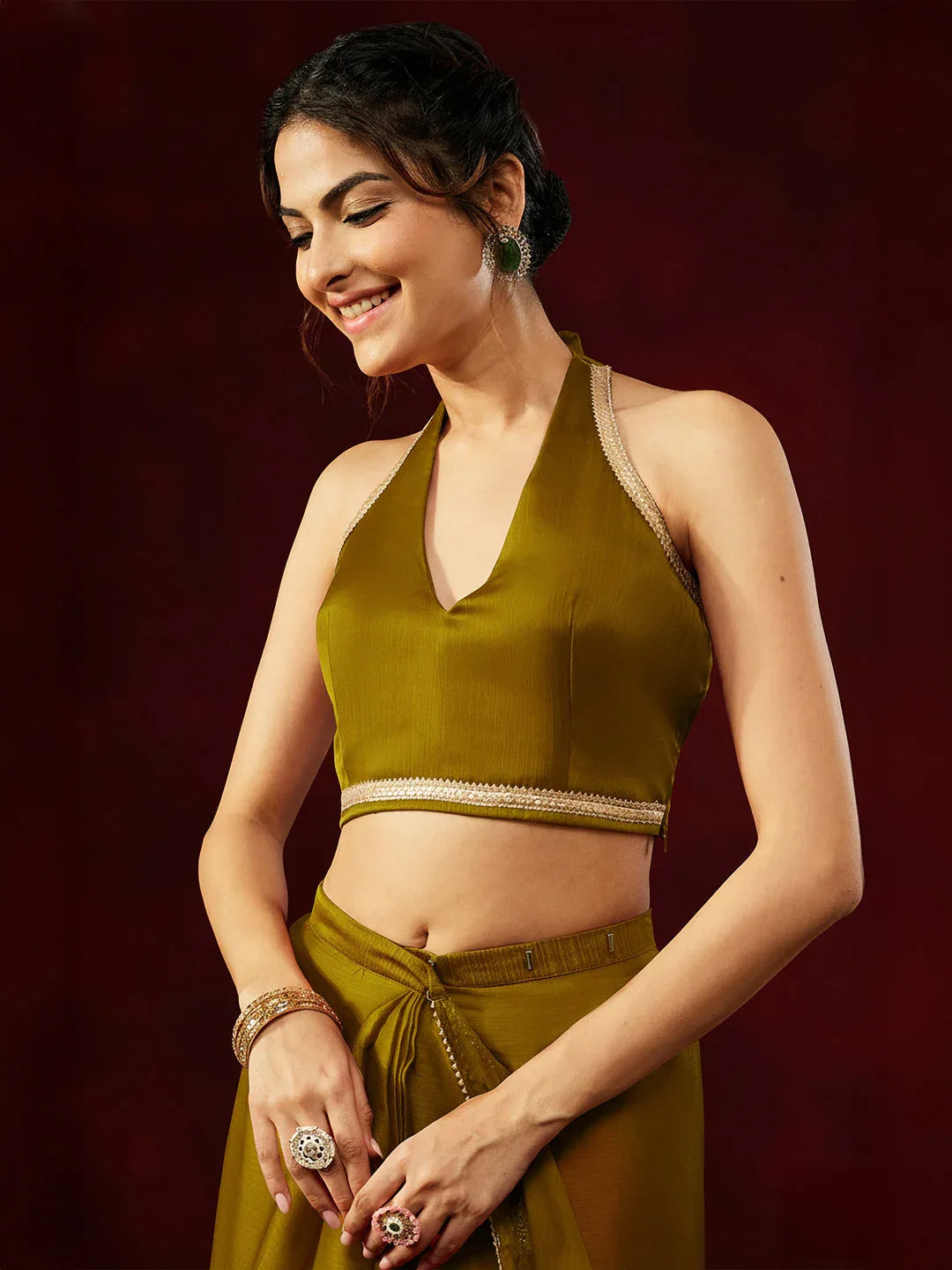 Janasya Women's Mustard Silk Blend One-Minute Ready-to-Wear Embellished Saree with Unstitched Blouse