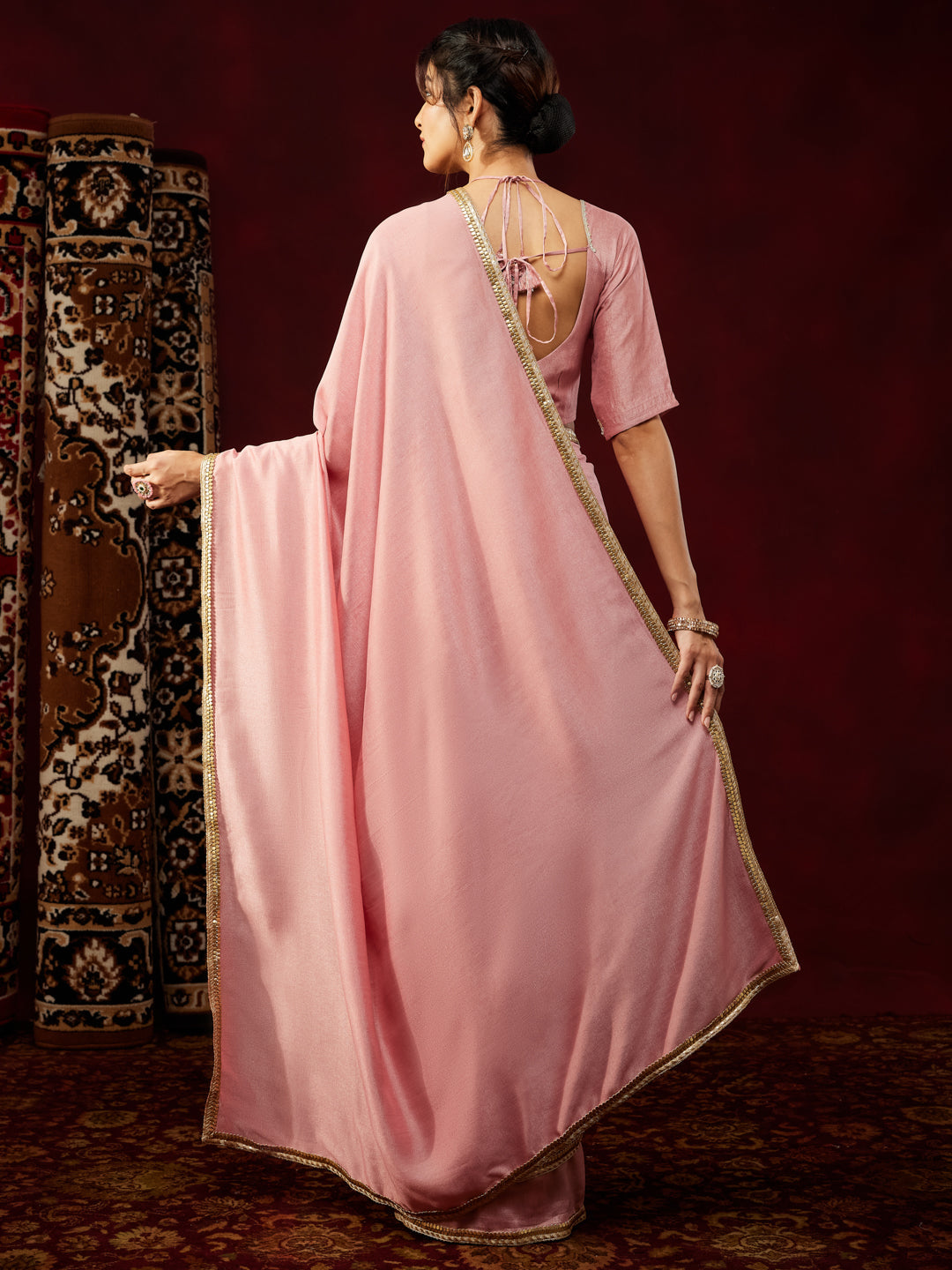 Janasya Women's Pink Silk Blend One-Minute Ready-to-Wear Embellished Saree with Unstitched Blouse
