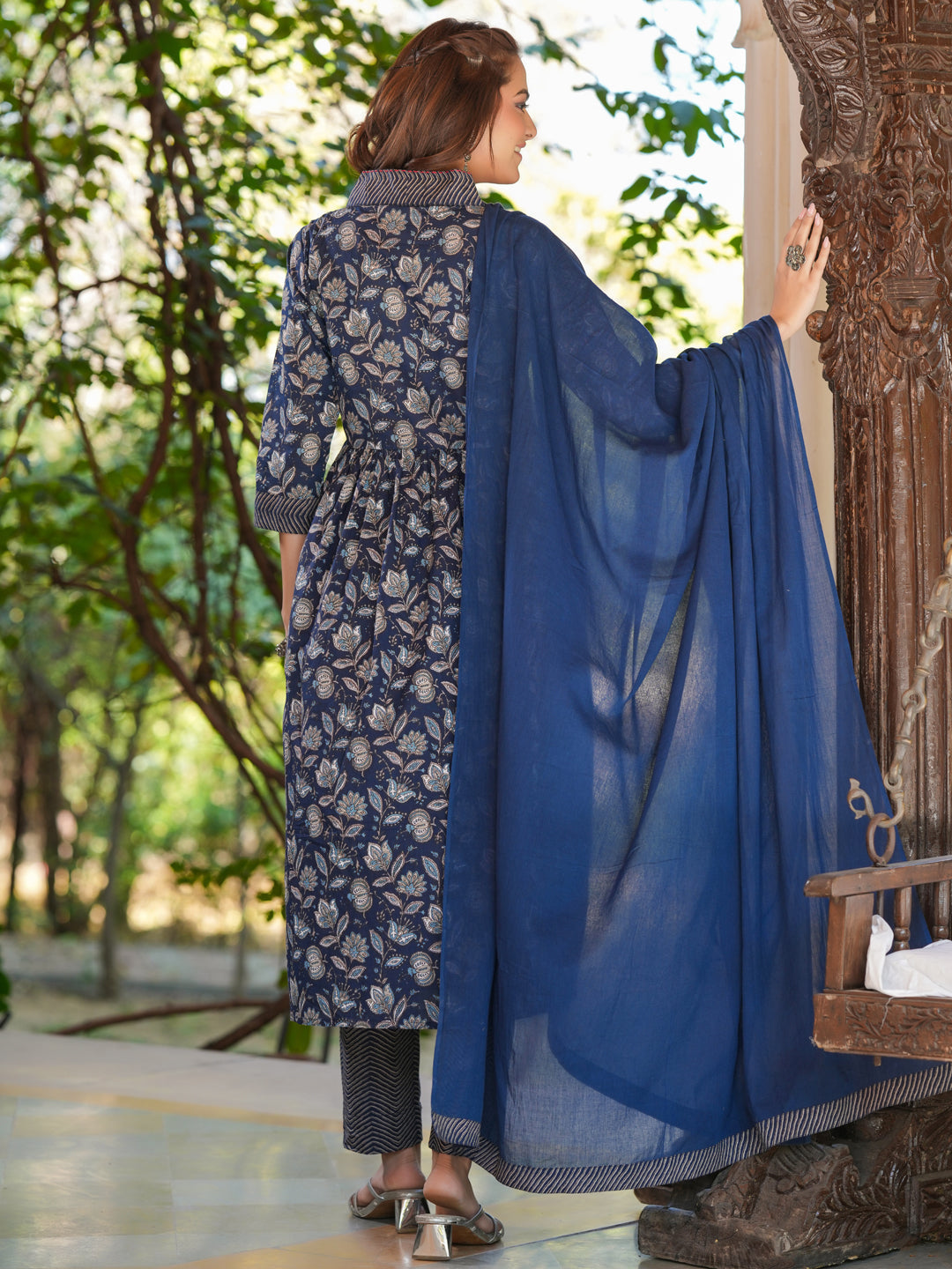 Navy Blue Pure Cotton Floral Printed A-line Kurta Pant With Dupatta Set - qivii