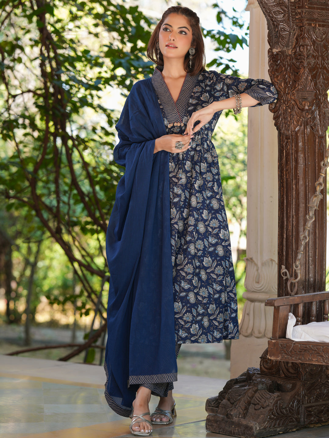 Navy Blue Pure Cotton Floral Printed A-line Kurta Pant With Dupatta Set - qivii