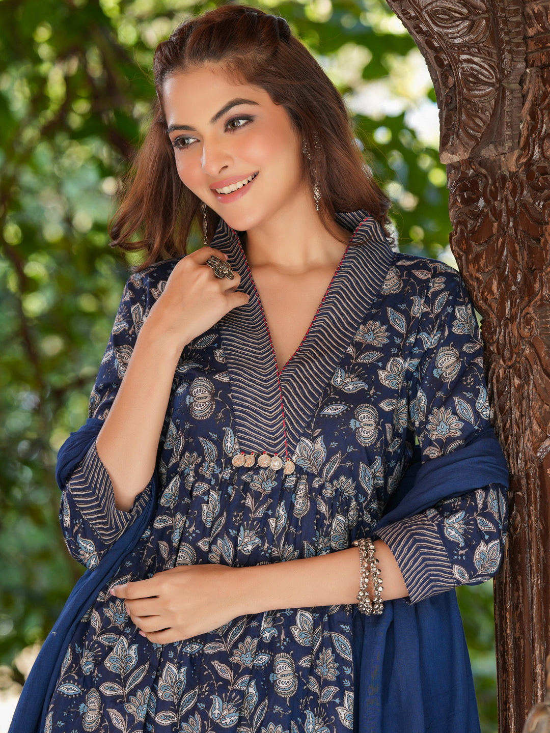 Navy Blue Pure Cotton Floral Printed A-line Kurta Pant With Dupatta Set - qivii