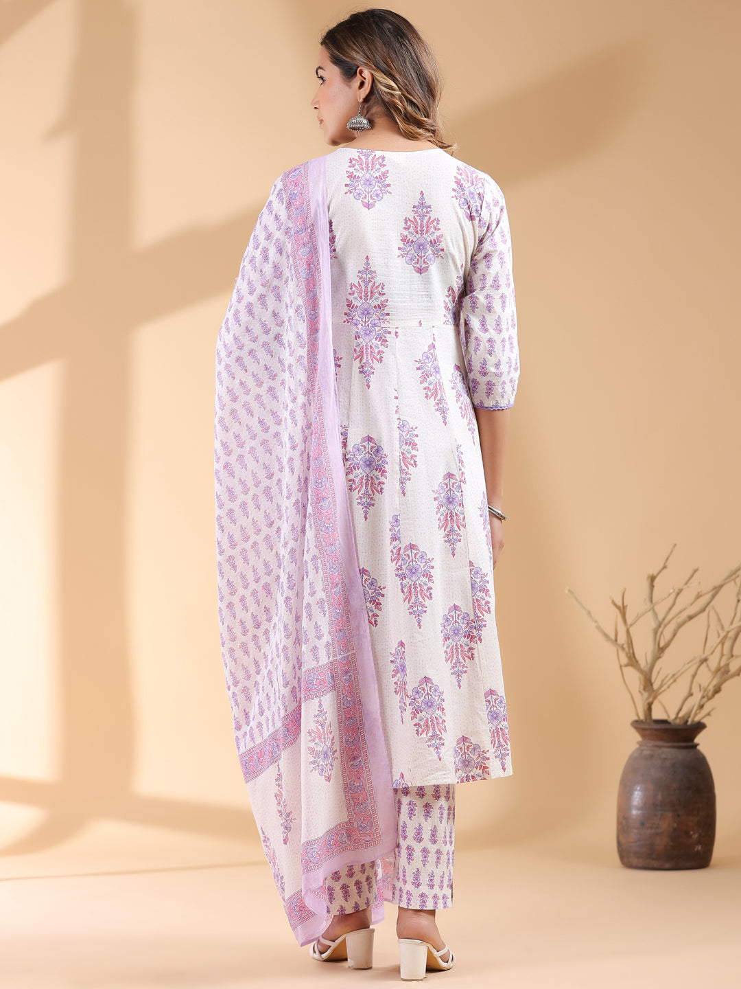 White Pure Cotton Floral Printed Angrakha Kurta Set - qivii