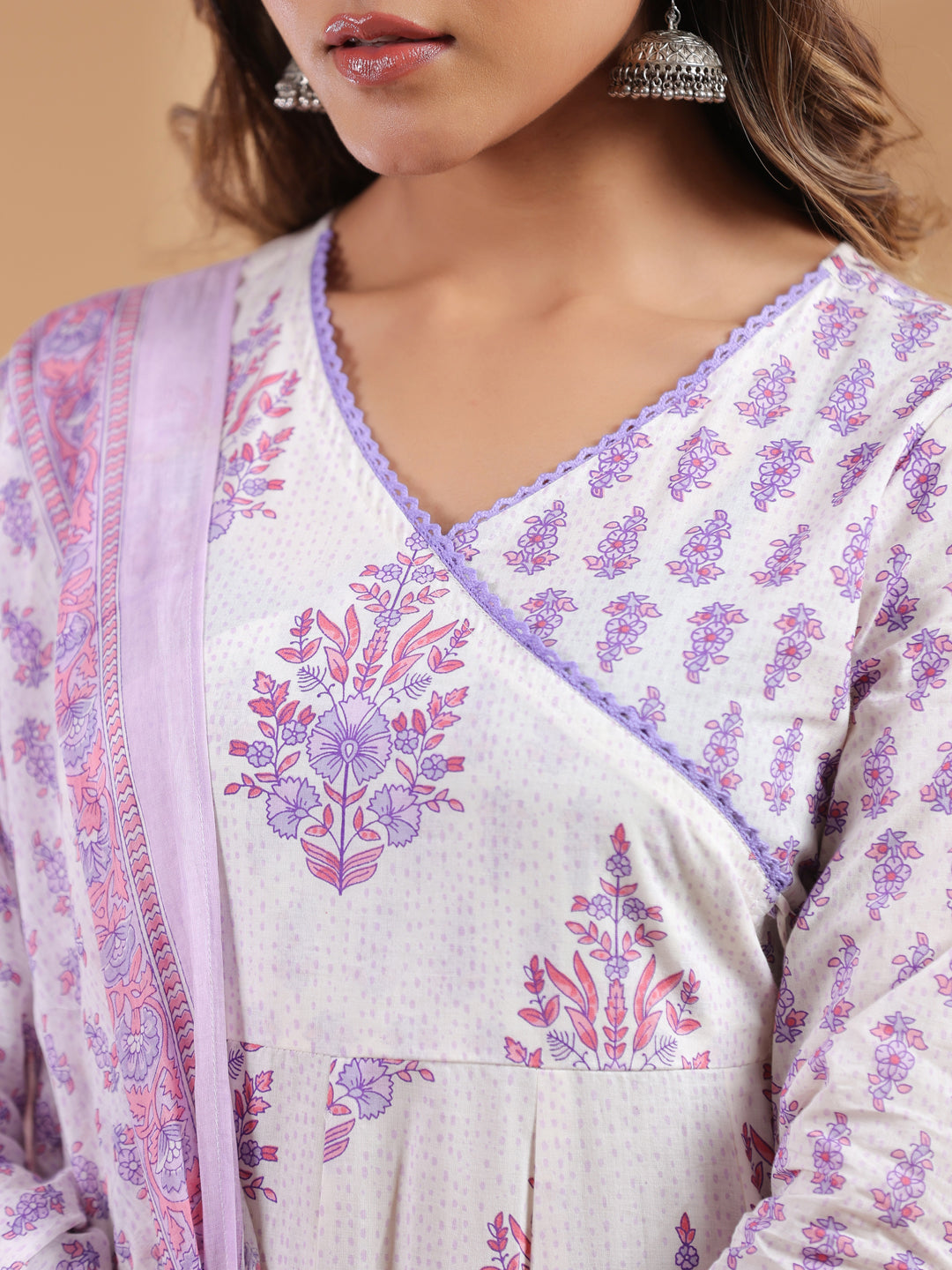 White Pure Cotton Floral Printed Angrakha Kurta Set - qivii