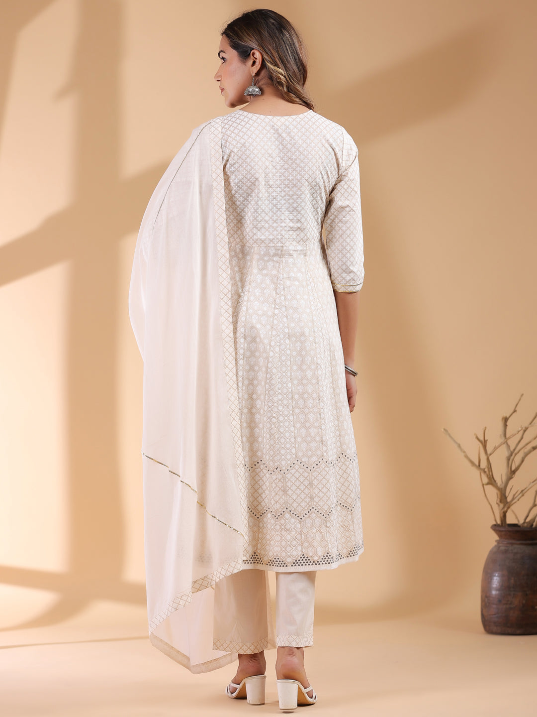 Beige Pure Cotton Ethnic Motifs Printed Anarkali Kurta Set - qivii