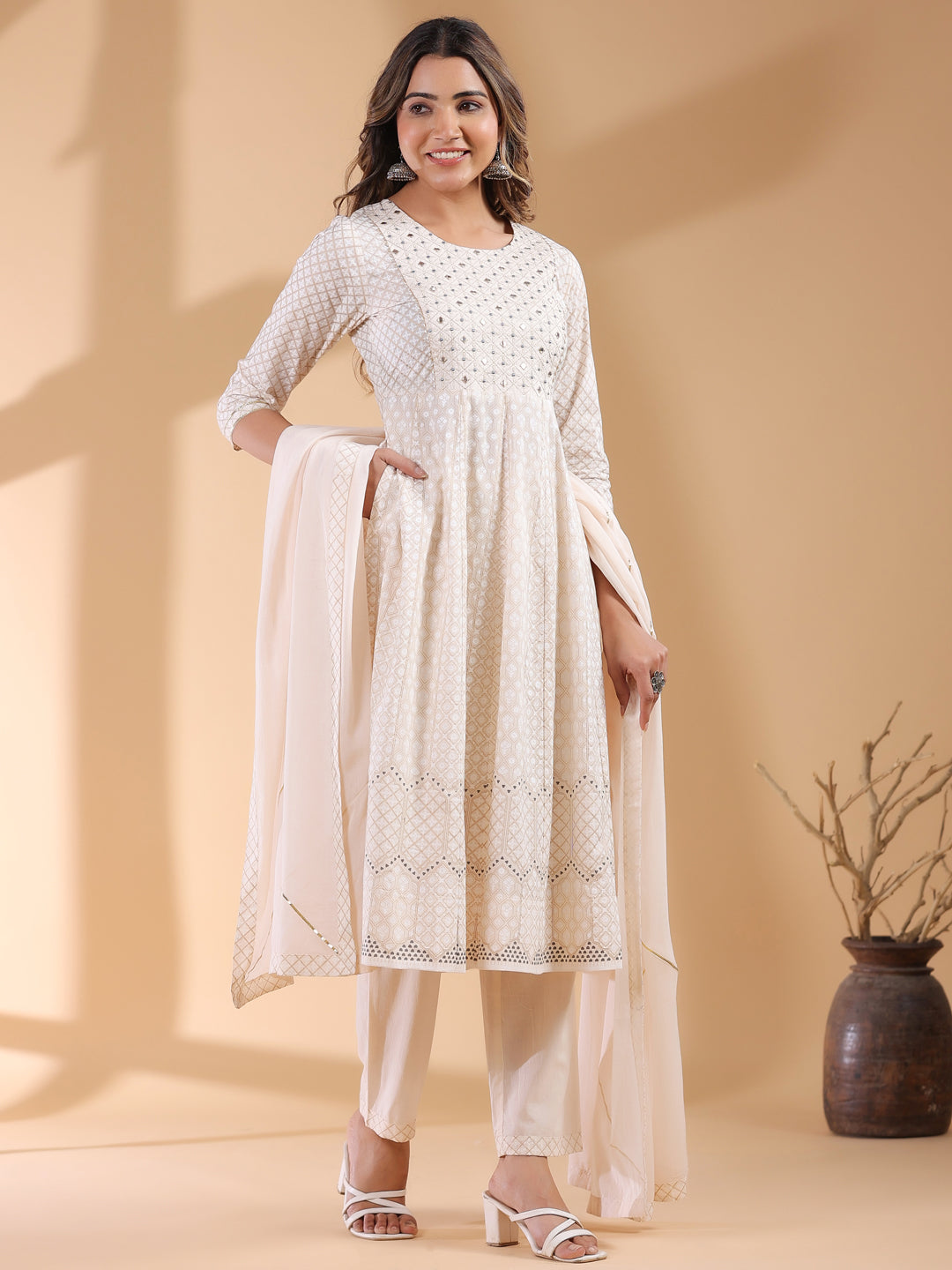 Beige Pure Cotton Ethnic Motifs Printed Anarkali Kurta Set - qivii