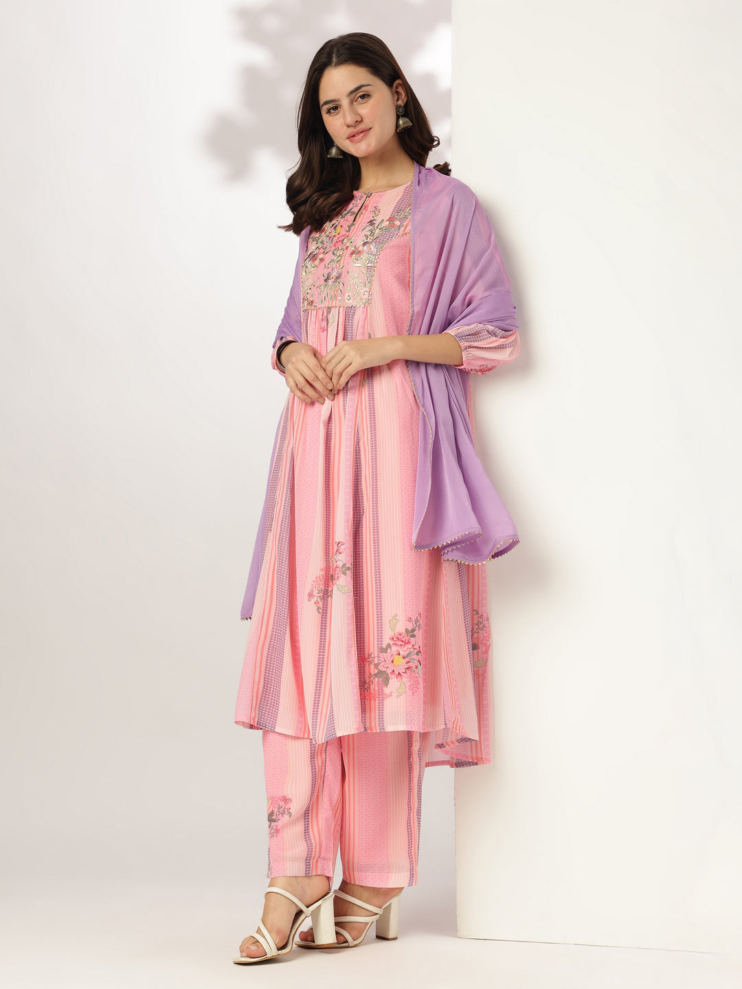 Pink Georgette Floral Embroidered A-line Kurta Set - qivii