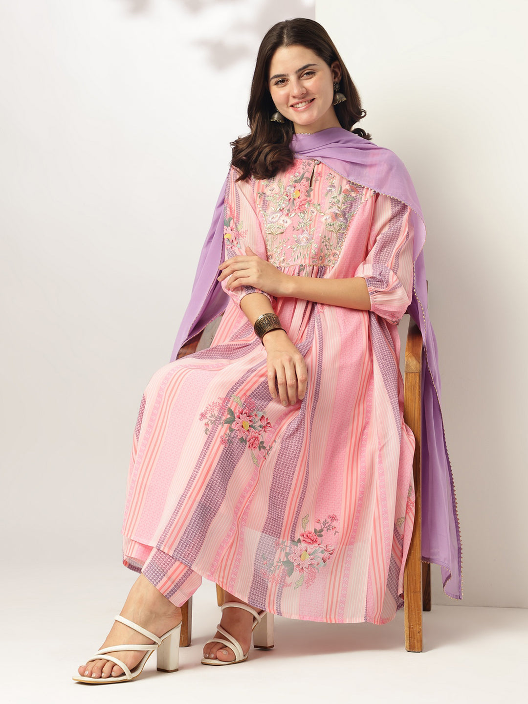 Pink Georgette Floral Embroidered A-line Kurta Set - qivii