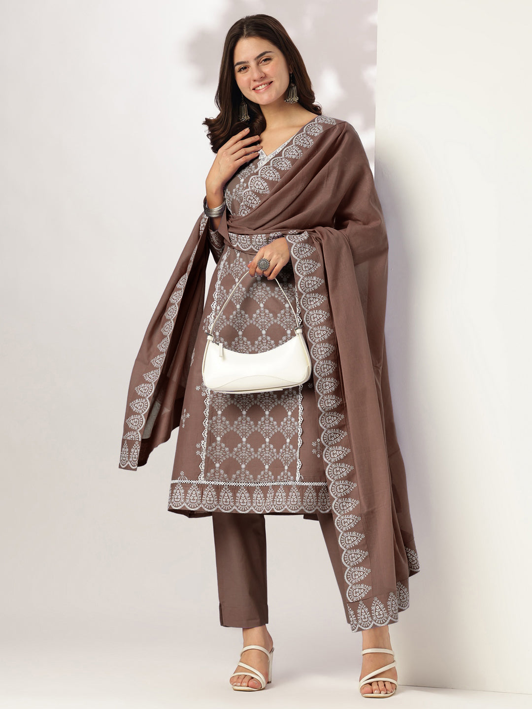 Janasya Women's Brown Pure Cotton Ethnic Motifs Printed A-line Kurta Set - qivii