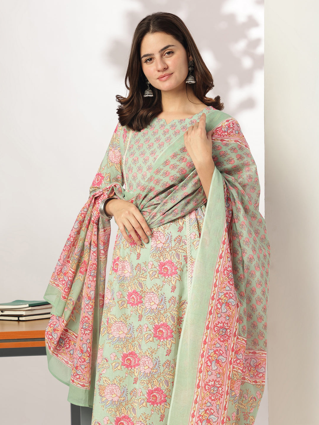 Aqua Pure Cotton Floral Printed A-line Kurta Set - qivii