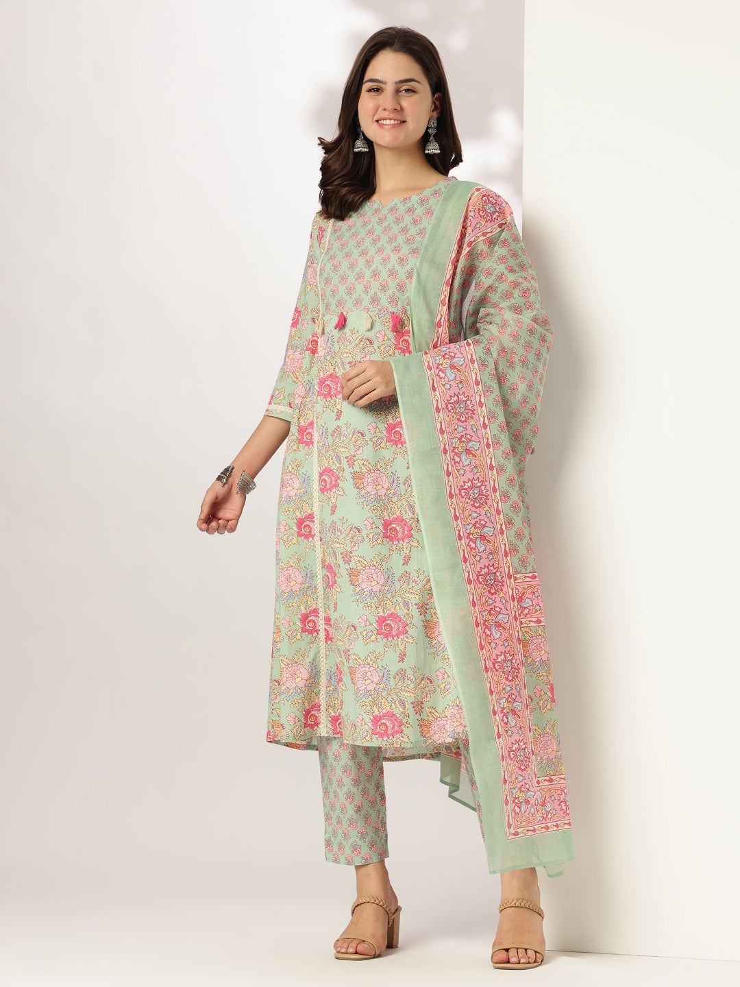 Aqua Pure Cotton Floral Printed A-line Kurta Set - qivii