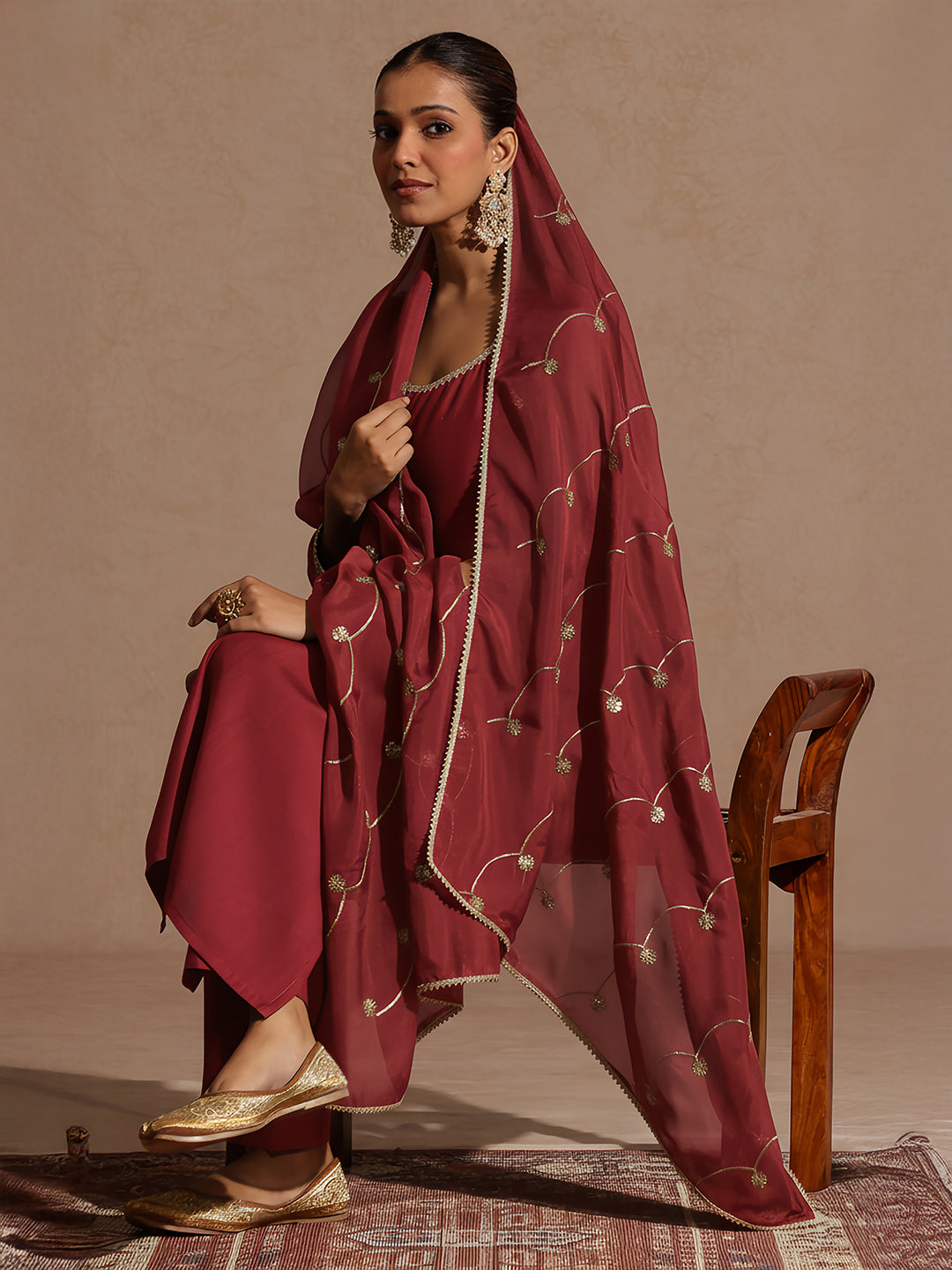 Janasya Women's Maroon Silk Blend Embellished Straight Kurta Set