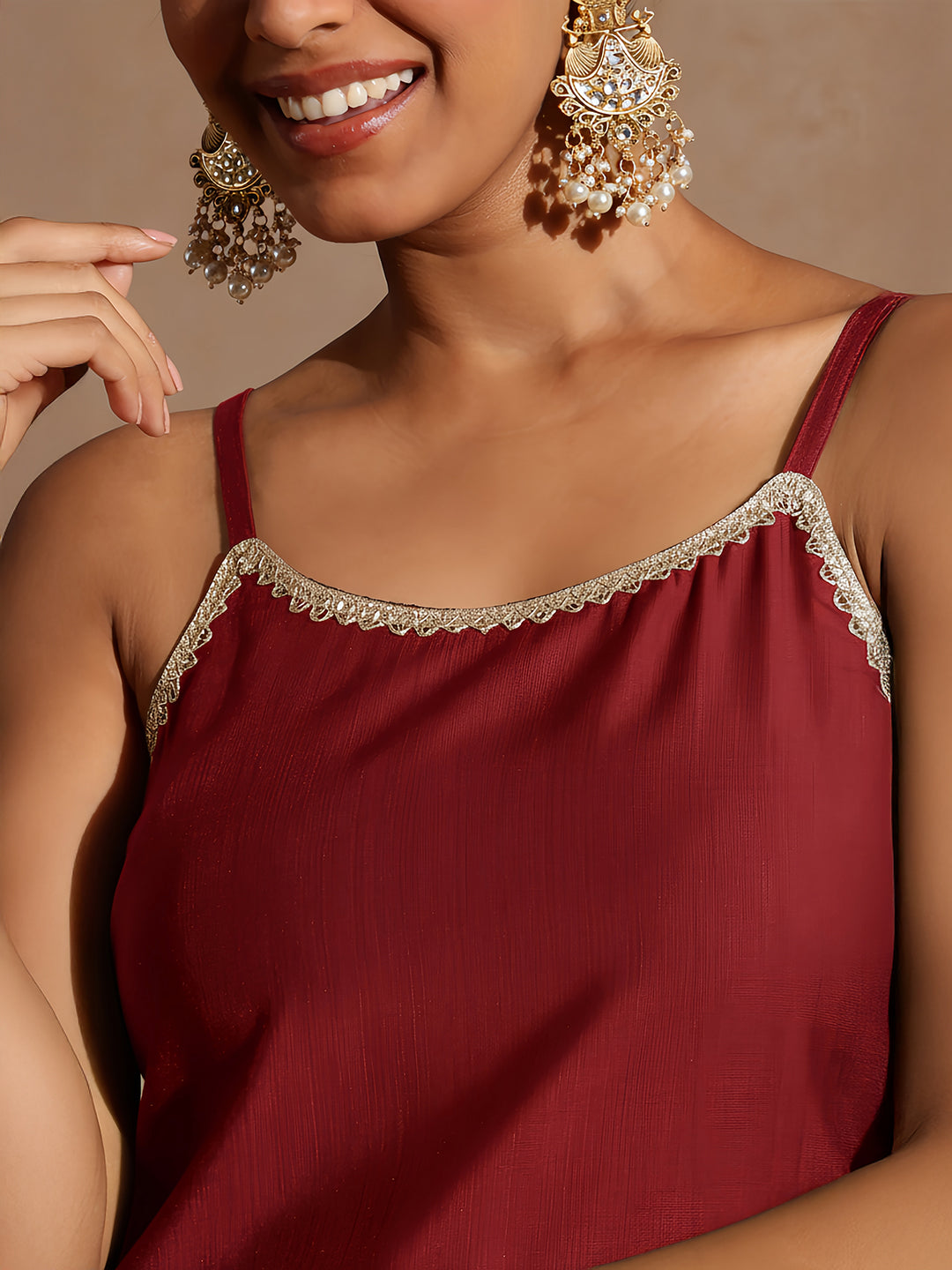 Janasya Women's Maroon Silk Blend Embellished Straight Kurta Set