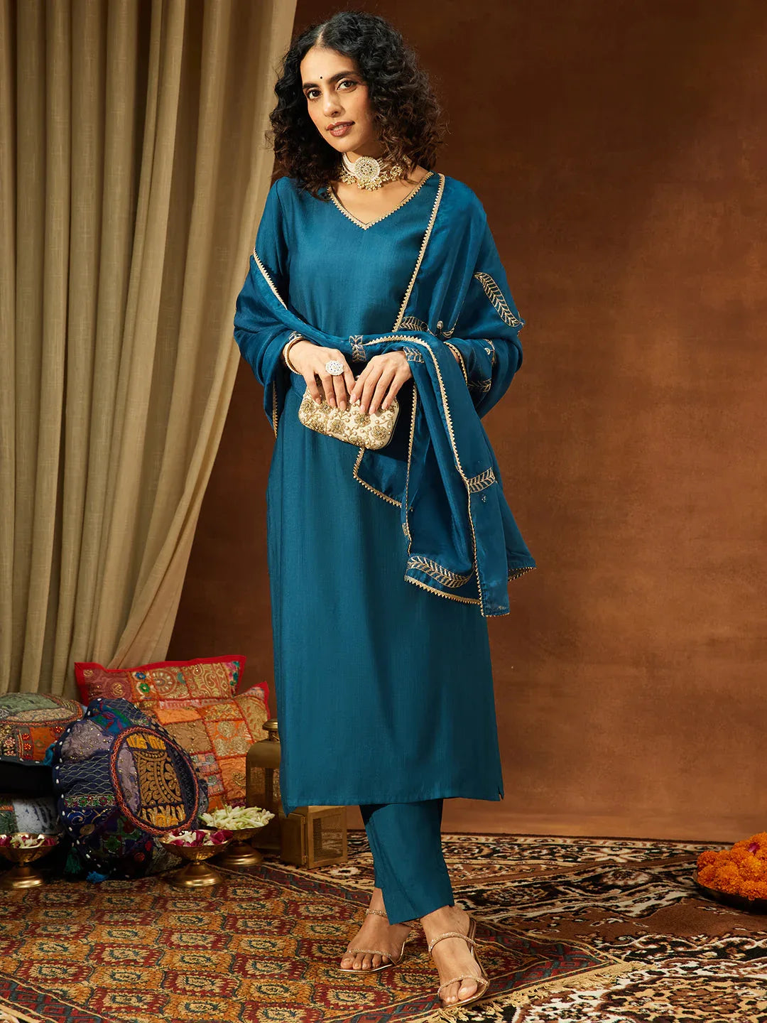 Janasya Women's Teal Blue Silk Blend Embellished Straight Kurta Set
