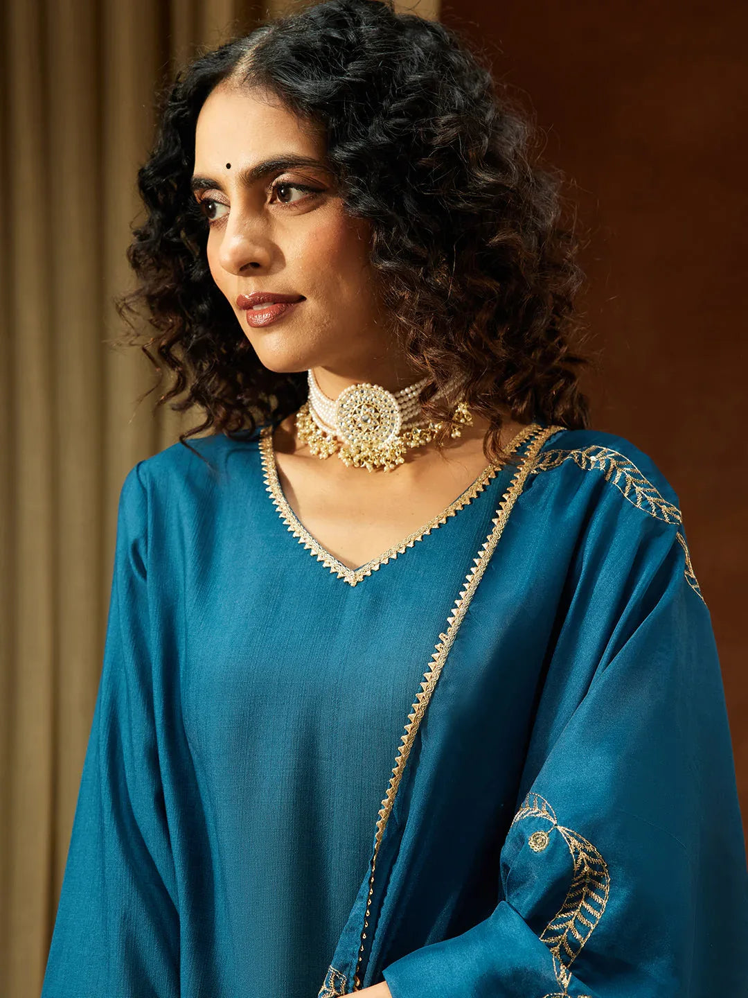 Janasya Women's Teal Blue Silk Blend Embellished Straight Kurta Set