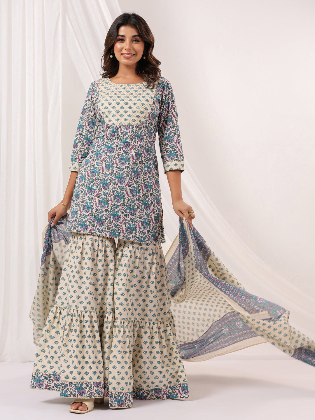 Janasya Women's Cream Pure Cotton Floral Printed Yoke Design Straight Kurta With Sharara & Dupatta Set - qivii