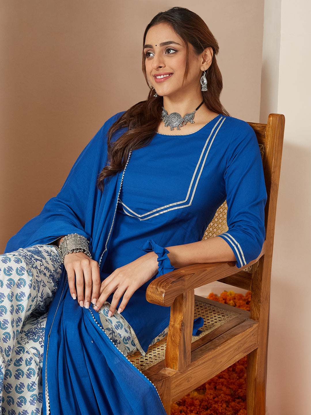 Janasya Women's Blue Pure Cotton Yoke Design Straight Kurti With Printed Sharara & Dupatta Set - qivii