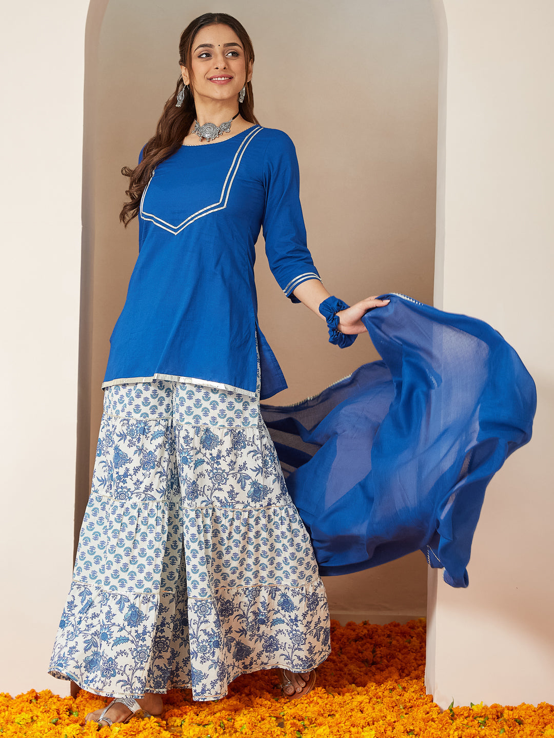 Janasya Women's Blue Pure Cotton Yoke Design Straight Kurti With Printed Sharara & Dupatta Set - qivii