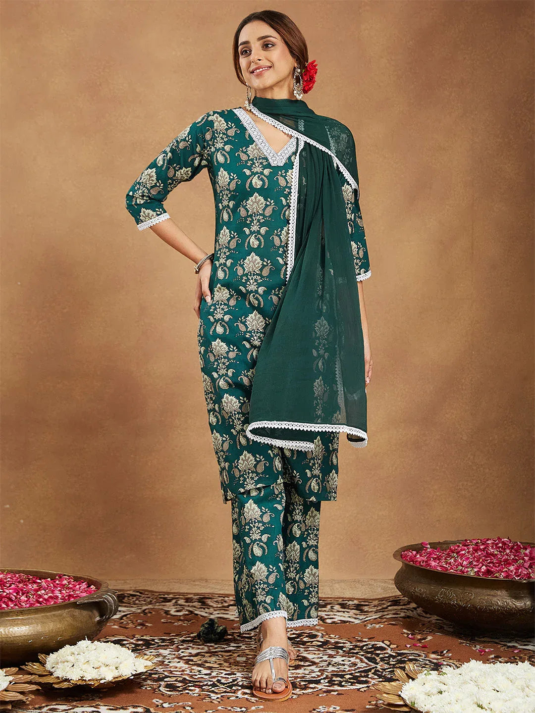 Janasya Women's Green Pure Cotton Paisley Printed Straight Kurta With Palazzo Set