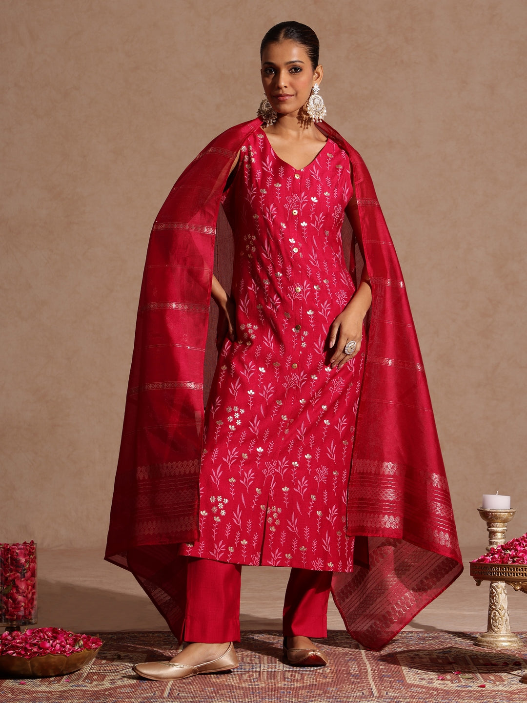 Janasya Women's Pink Silk Blend Gold Printed Straight Kurta Set - qivii