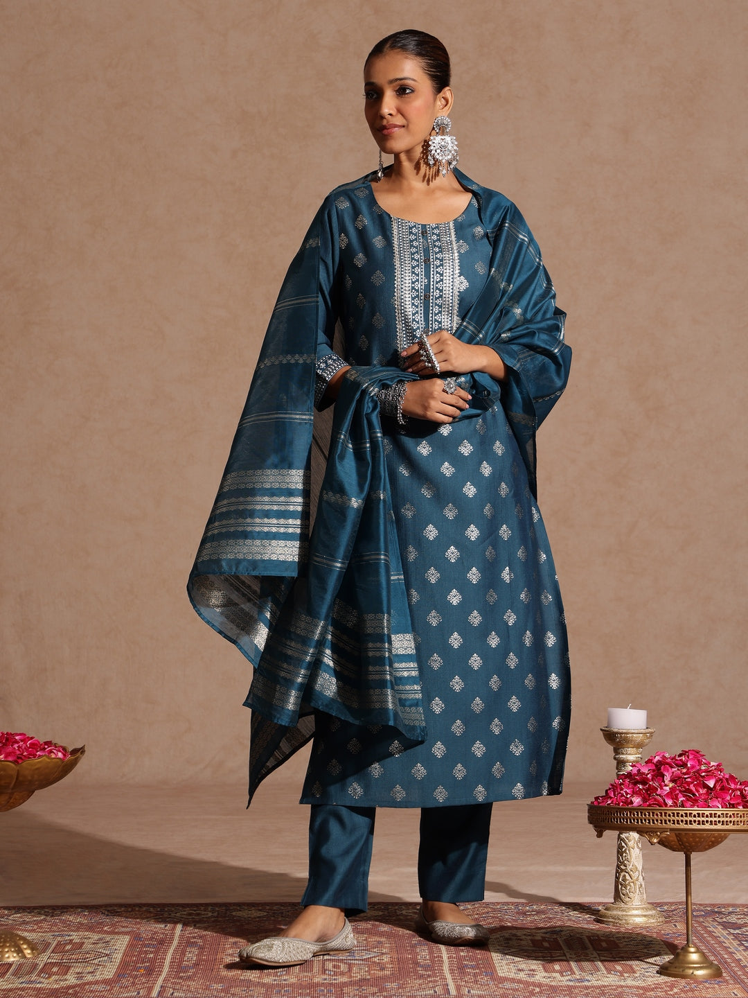 Janasya Women's Teal Blue Silk Blend Embellished Gold Foil Printed Straight Kurta Set - qivii