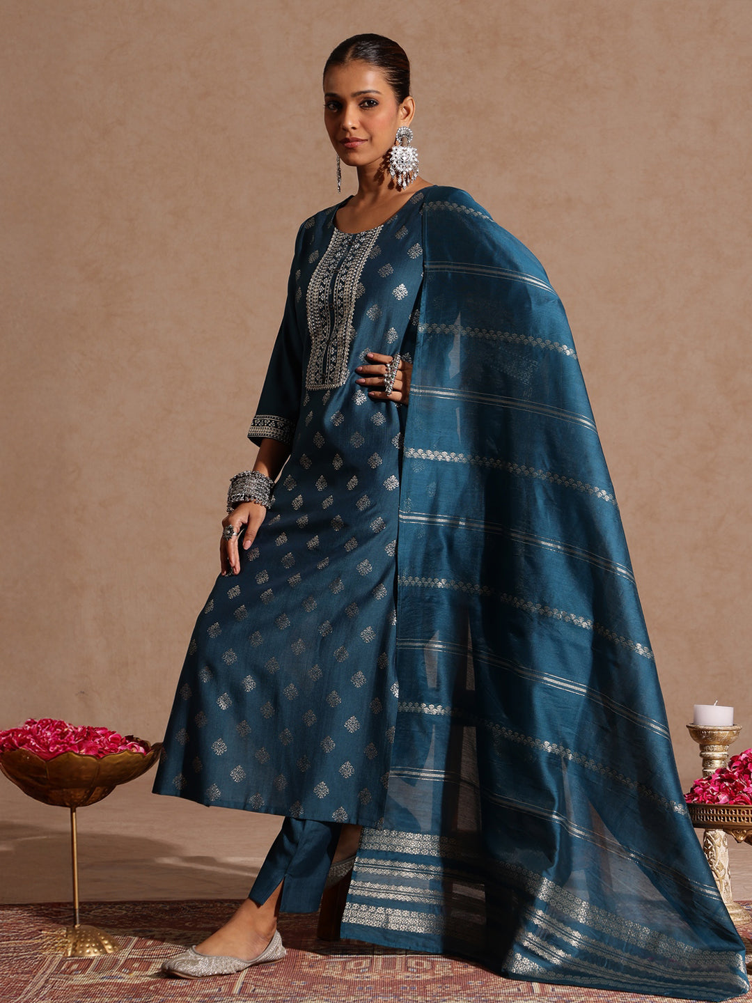 Janasya Women's Teal Blue Silk Blend Embellished Gold Foil Printed Straight Kurta Set - qivii