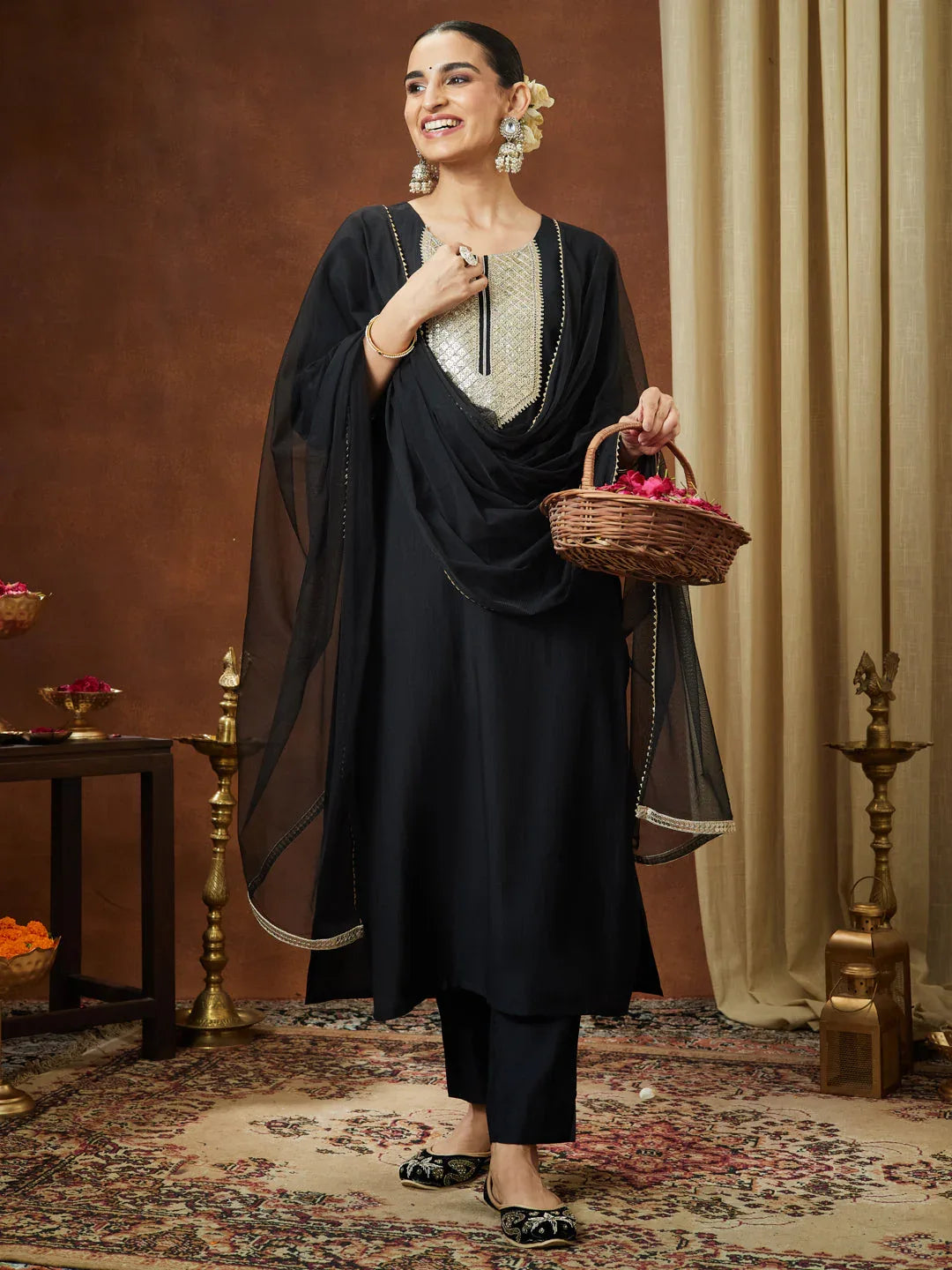 Janasya Women's Black Silk Blend Embellished Yoke Design Straight Kurta Set