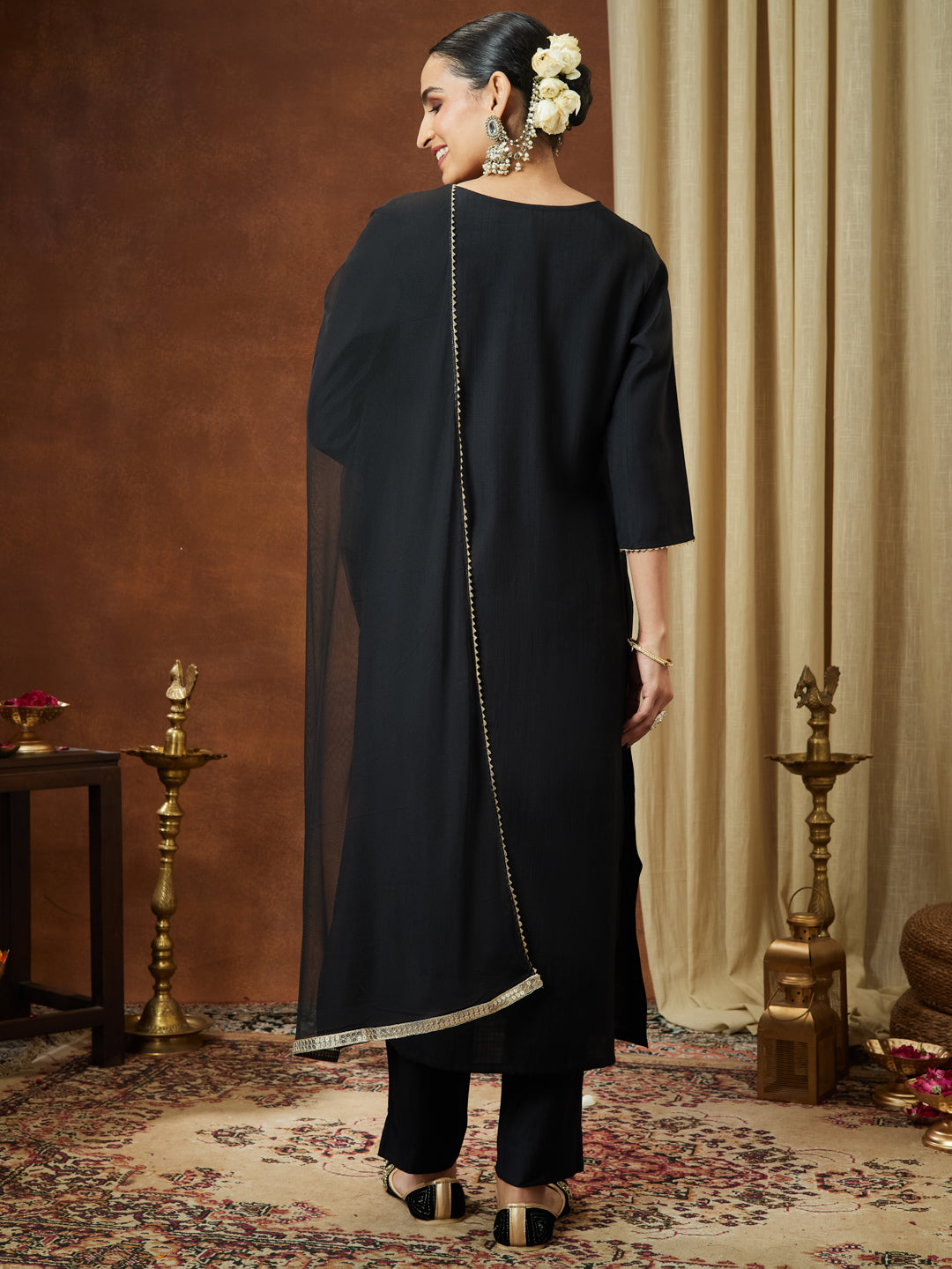 Janasya Women's Black Silk Blend Embellished Yoke Design Straight Kurta Set