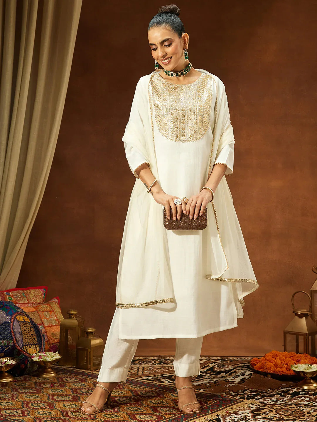 Janasya Women's Off White Silk Blend Zari Yoke Embroidered Straight Kurta Set