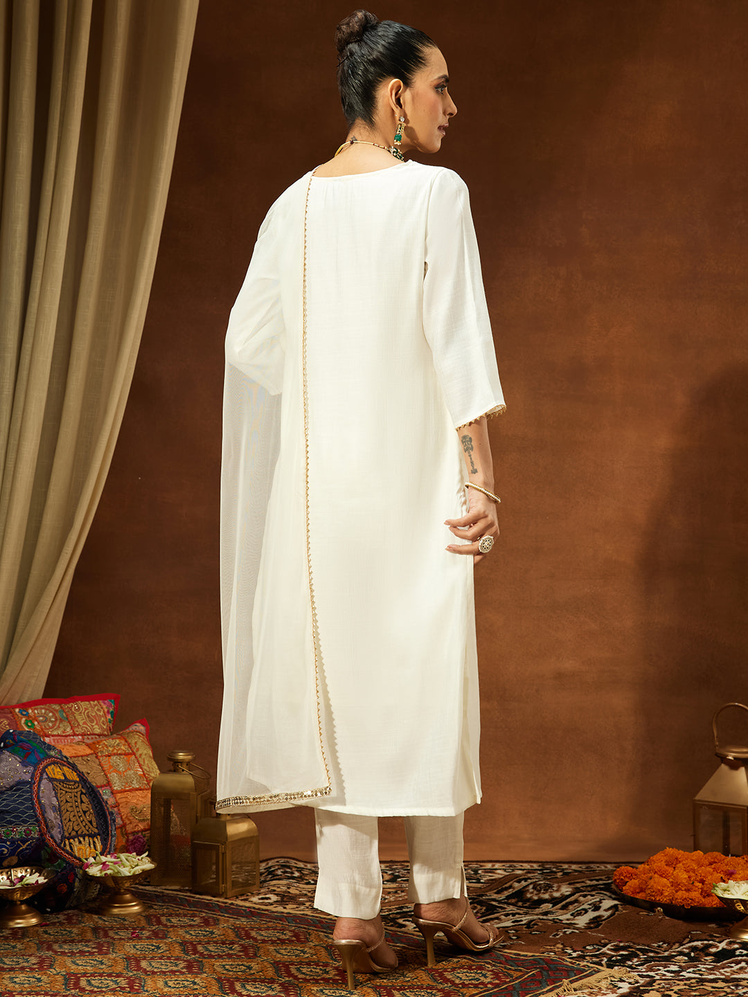 Janasya Women's Off White Silk Blend Zari Yoke Embroidered Straight Kurta Set - qivii