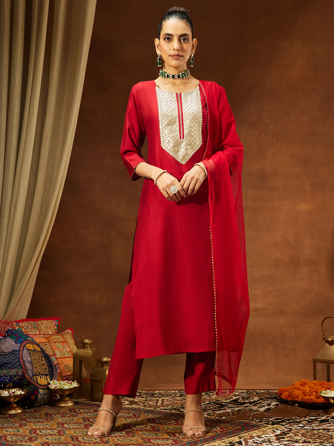 Janasya Women's Maroon Silk Blend Embellished Straight Kurta Set - qivii