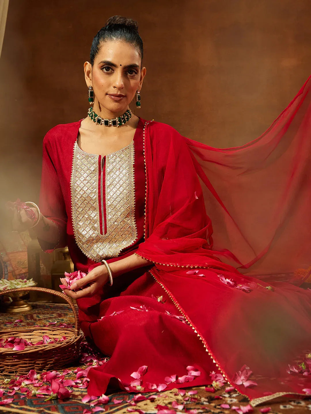 Janasya Women's Maroon Silk Blend Embellished Straight Kurta Set