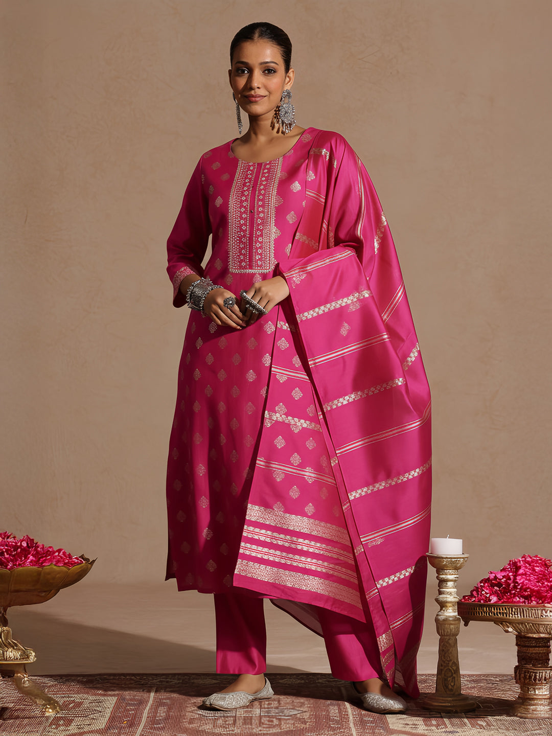 Janasya Women's Pink Silk Blend Embellished Foil Printed Straight Kurta Set