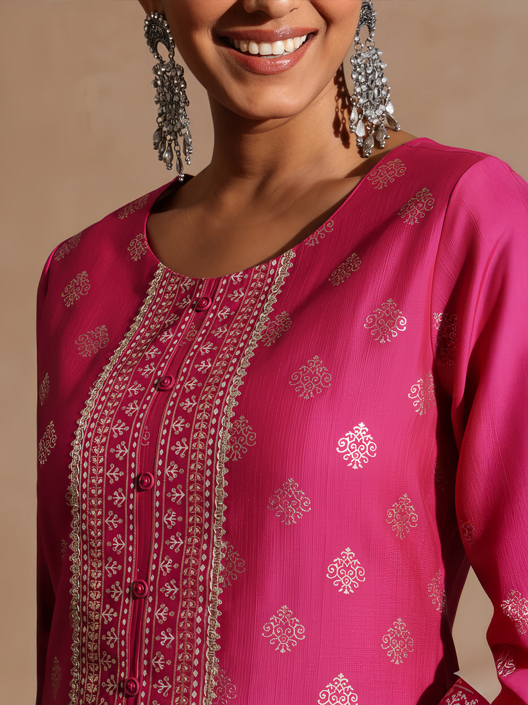 Janasya Women's Pink Silk Blend Embellished Foil Printed Straight Kurta Set