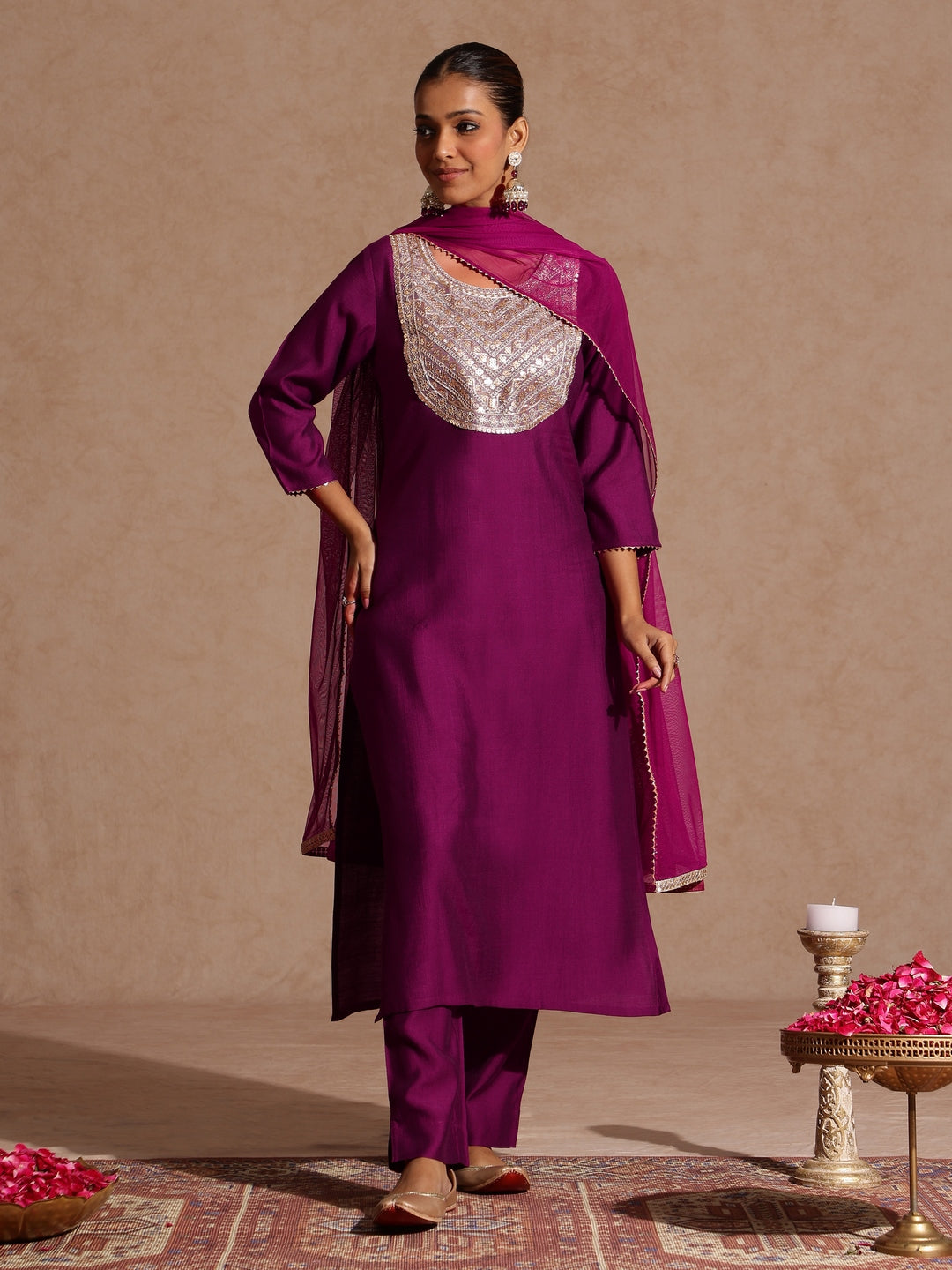 Janasya Women's Purple Silk Blend Zari Yoke Embroidery Straight Kurta Set - qivii