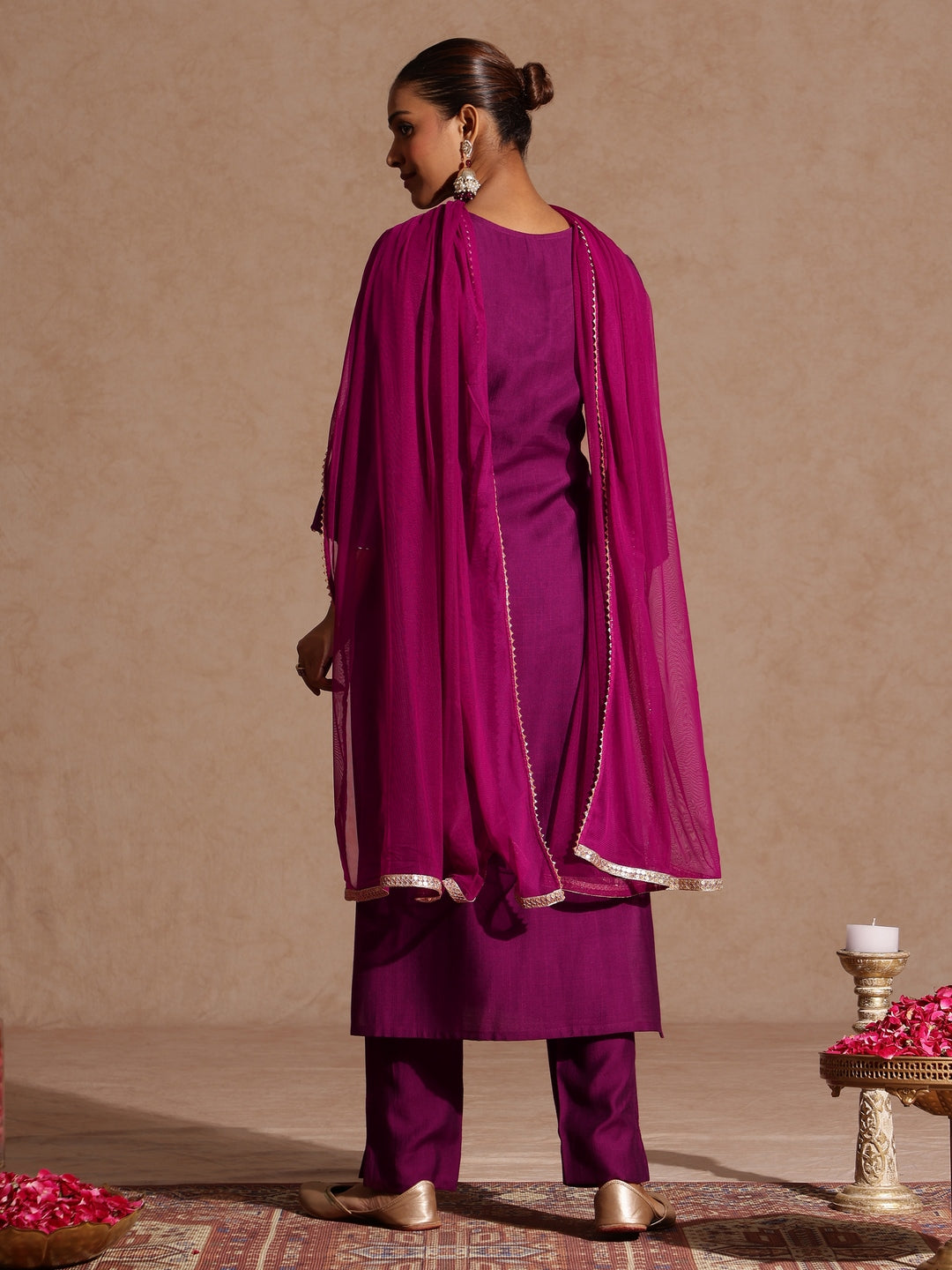 Janasya Women's Purple Silk Blend Zari Yoke Embroidery Straight Kurta Set - qivii