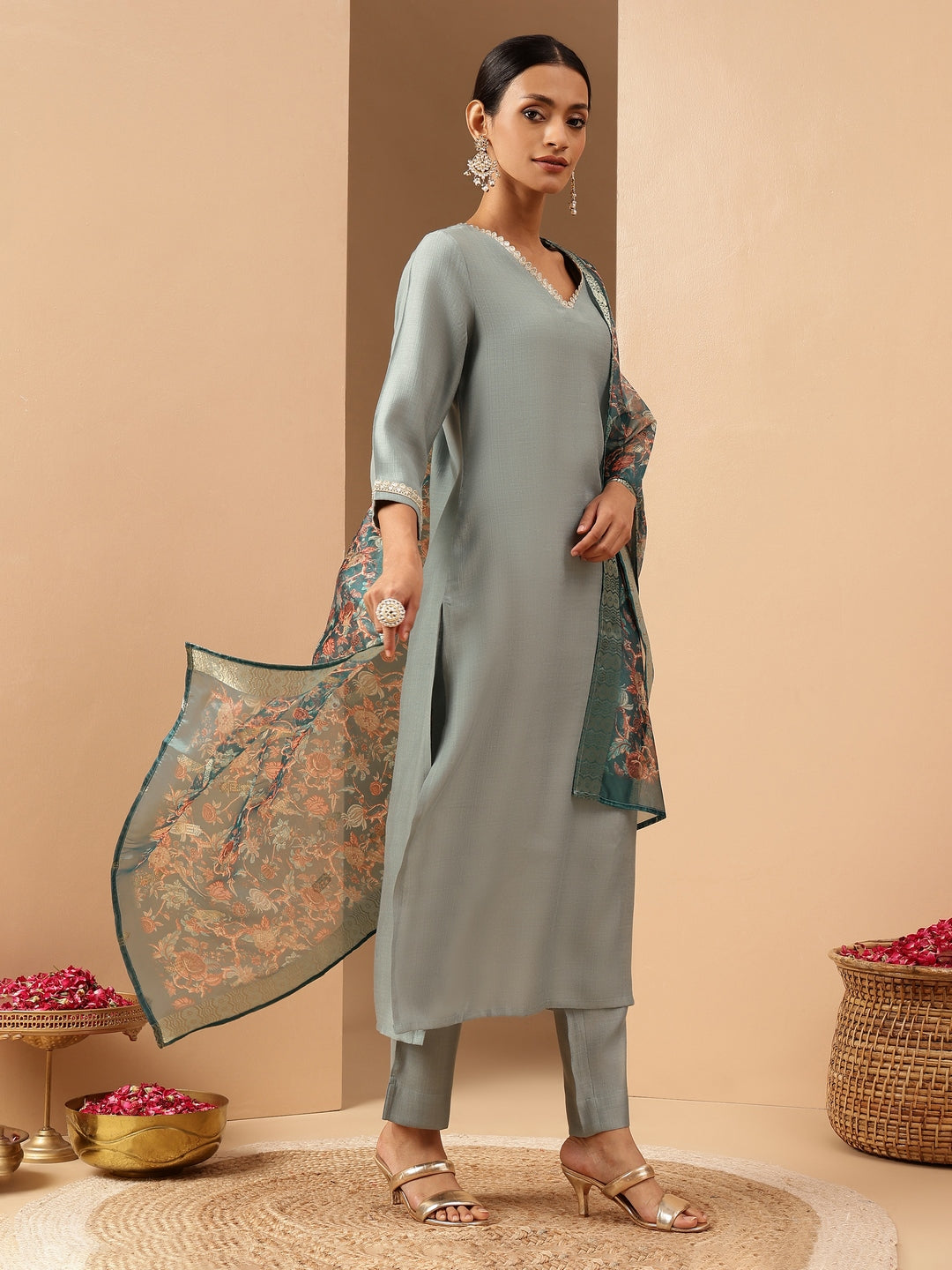 Janasya Women's Powder Blue Silk Blend Embellished Straight Kurta Set With Printed Jacquard Dupatta - qivii