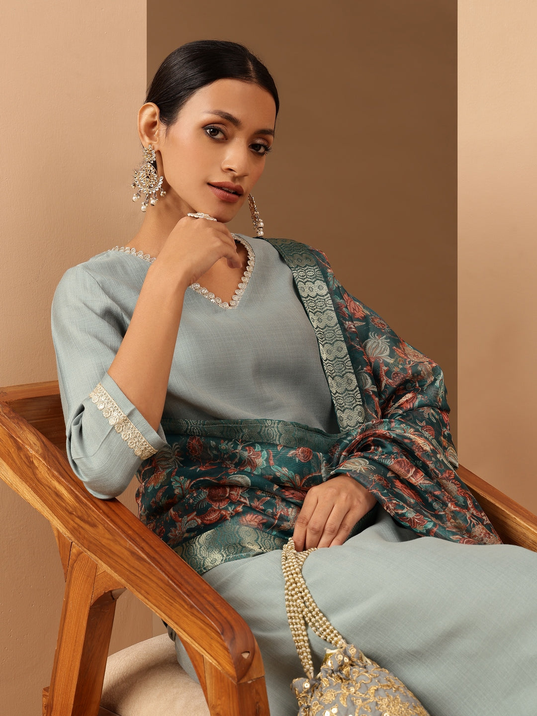 Janasya Women's Powder Blue Silk Blend Embellished Straight Kurta Set With Printed Jacquard Dupatta - qivii