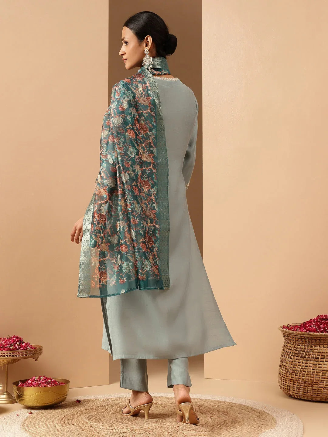 Janasya Women's Powder Blue Silk Blend Embellished Straight Kurta Set With Printed Jacquard Dupatta
