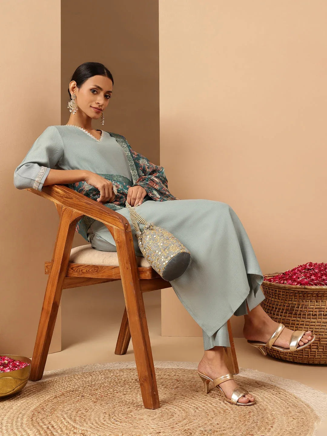 Janasya Women's Powder Blue Silk Blend Embellished Straight Kurta Set With Printed Jacquard Dupatta