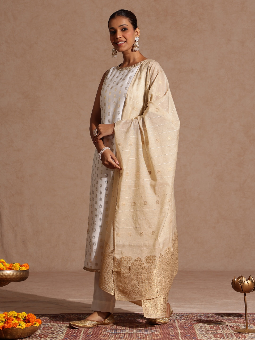 Janasya Women's White Silk Blend Embellished Gold Printed Straight Kurta Set - qivii